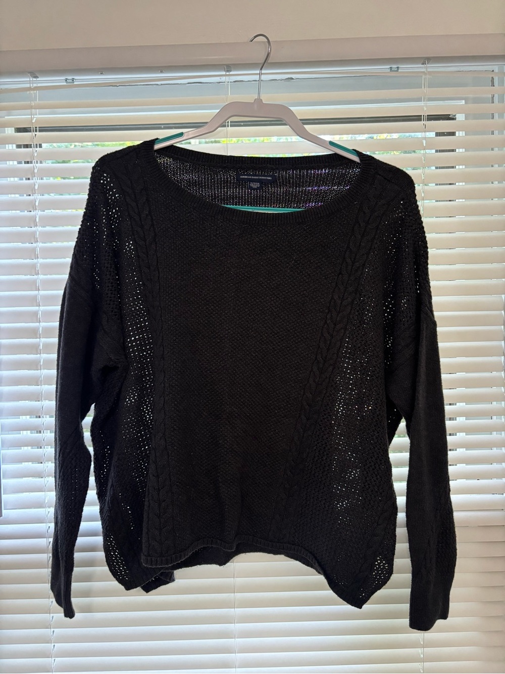 American Eagle Outfitters Black Cable-Stitch Crewneck Sweater